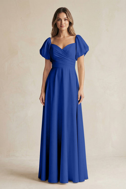 Sweetheart Puff Sleeve A - Line Chiffon Bridesmaid Dress in Royal Blue - KISS BRIDAL Bridesmaid Dresses