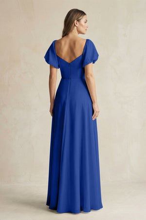 Sweetheart Puff Sleeve A - Line Chiffon Bridesmaid Dress in Royal Blue - KISS BRIDAL Bridesmaid Dresses