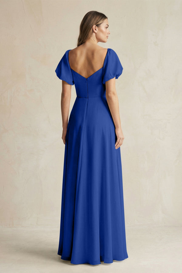 Sweetheart Puff Sleeve A - Line Chiffon Bridesmaid Dress in Royal Blue - KISS BRIDAL Bridesmaid Dresses