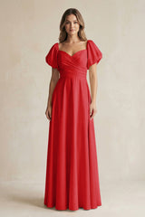 Sweetheart Puff Sleeve A - Line Chiffon Bridesmaid Dress in Ruby Red - KISS BRIDAL Bridesmaid Dresses