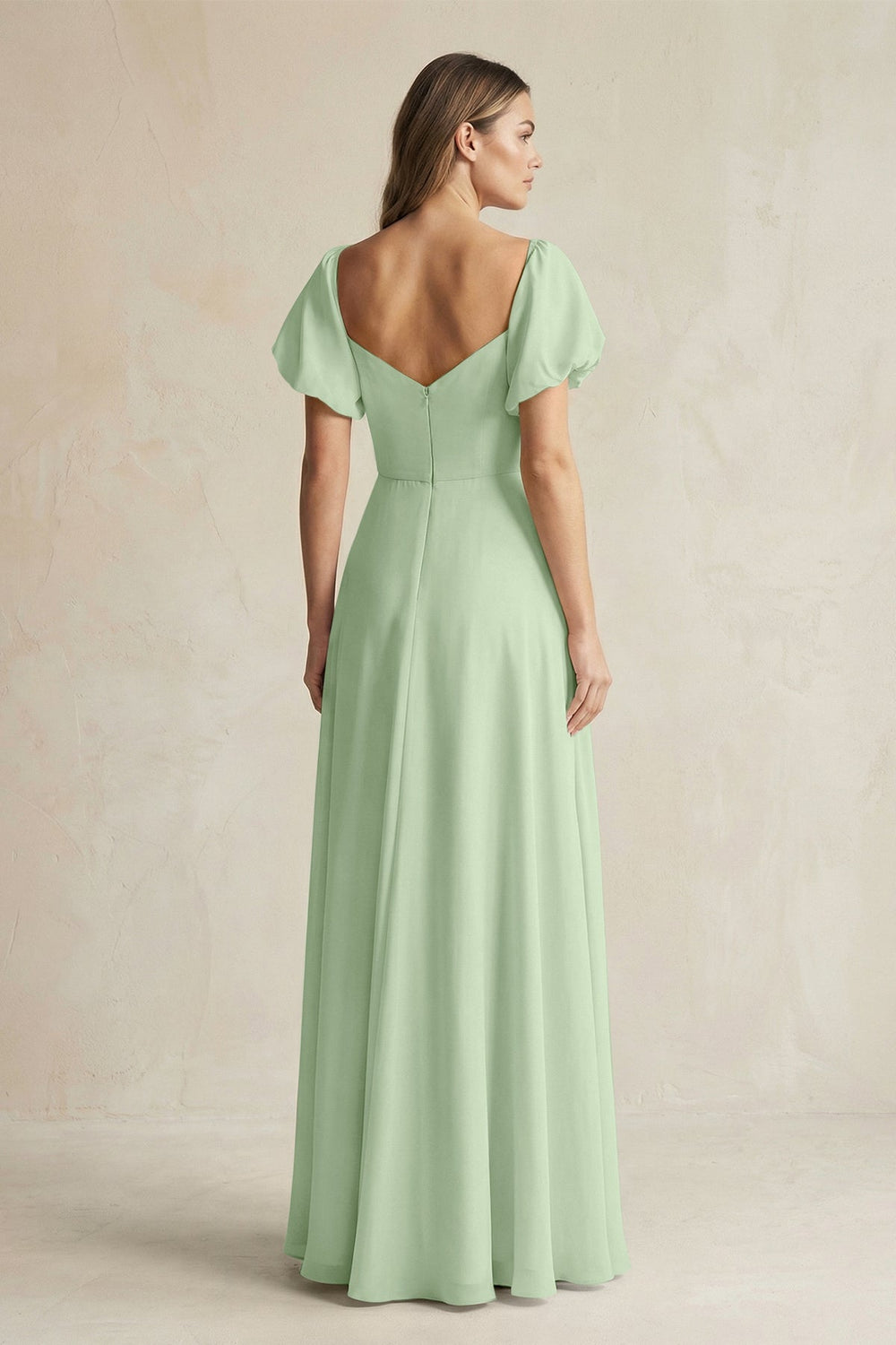 Sweetheart Puff Sleeve A - Line Chiffon Bridesmaid Dress in Sage - SHE IS ME Bridesmaid Dresses