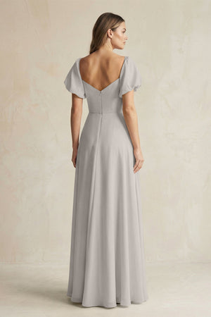 Sweetheart Puff Sleeve A - Line Chiffon Bridesmaid Dress in Silver - SHE IS ME Bridesmaid Dresses