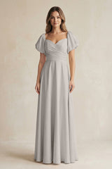 Sweetheart Puff Sleeve A - Line Chiffon Bridesmaid Dress in Silver - KISS BRIDAL Bridesmaid Dresses