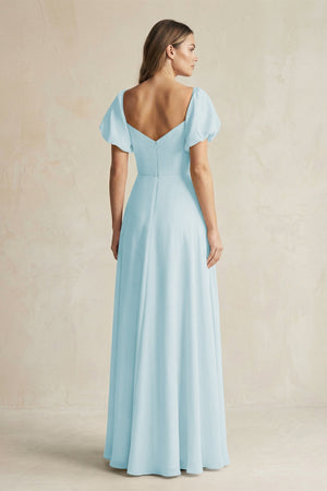 Sweetheart Puff Sleeve A - Line Chiffon Bridesmaid Dress in Sky Blue - KISS BRIDAL Bridesmaid Dresses