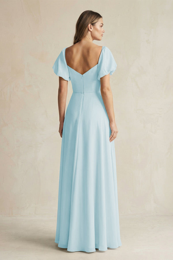 Sweetheart Puff Sleeve A - Line Chiffon Bridesmaid Dress in Sky Blue - KISS BRIDAL Bridesmaid Dresses