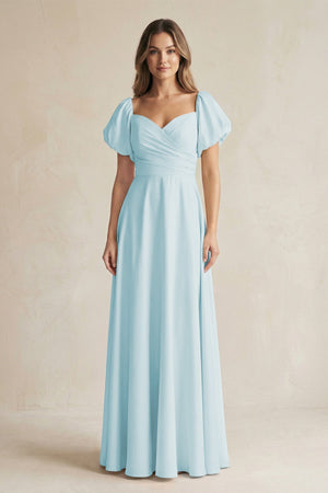 Sweetheart Puff Sleeve A - Line Chiffon Bridesmaid Dress in Sky Blue - KISS BRIDAL Bridesmaid Dresses
