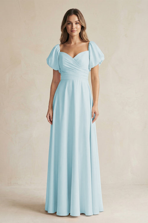 Sweetheart Puff Sleeve A - Line Chiffon Bridesmaid Dress in Sky Blue - KISS BRIDAL Bridesmaid Dresses