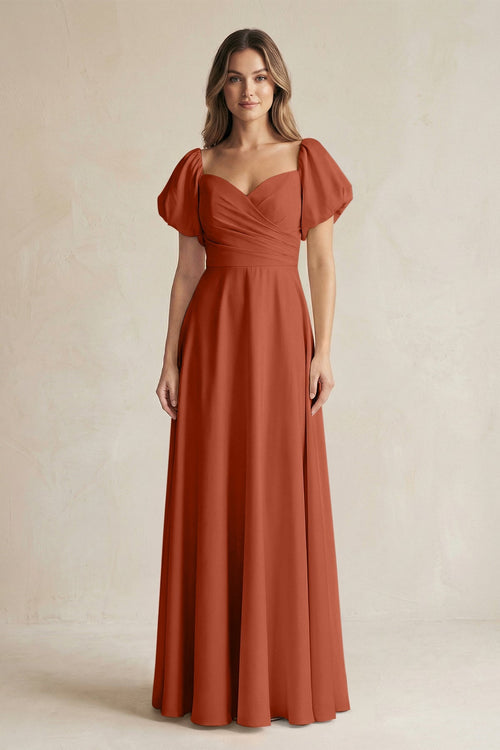 Sweetheart Puff Sleeve A - Line Chiffon Bridesmaid Dress in Spice - KISS BRIDAL Bridesmaid Dresses