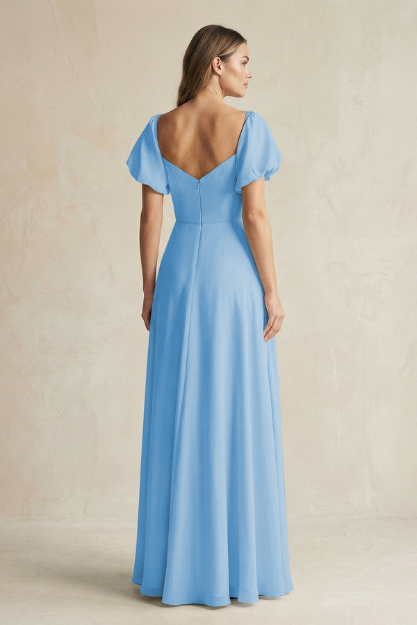 Sweetheart Puff Sleeve A - Line Chiffon Bridesmaid Dress in Steel Blue - KISS BRIDAL Bridesmaid Dresses