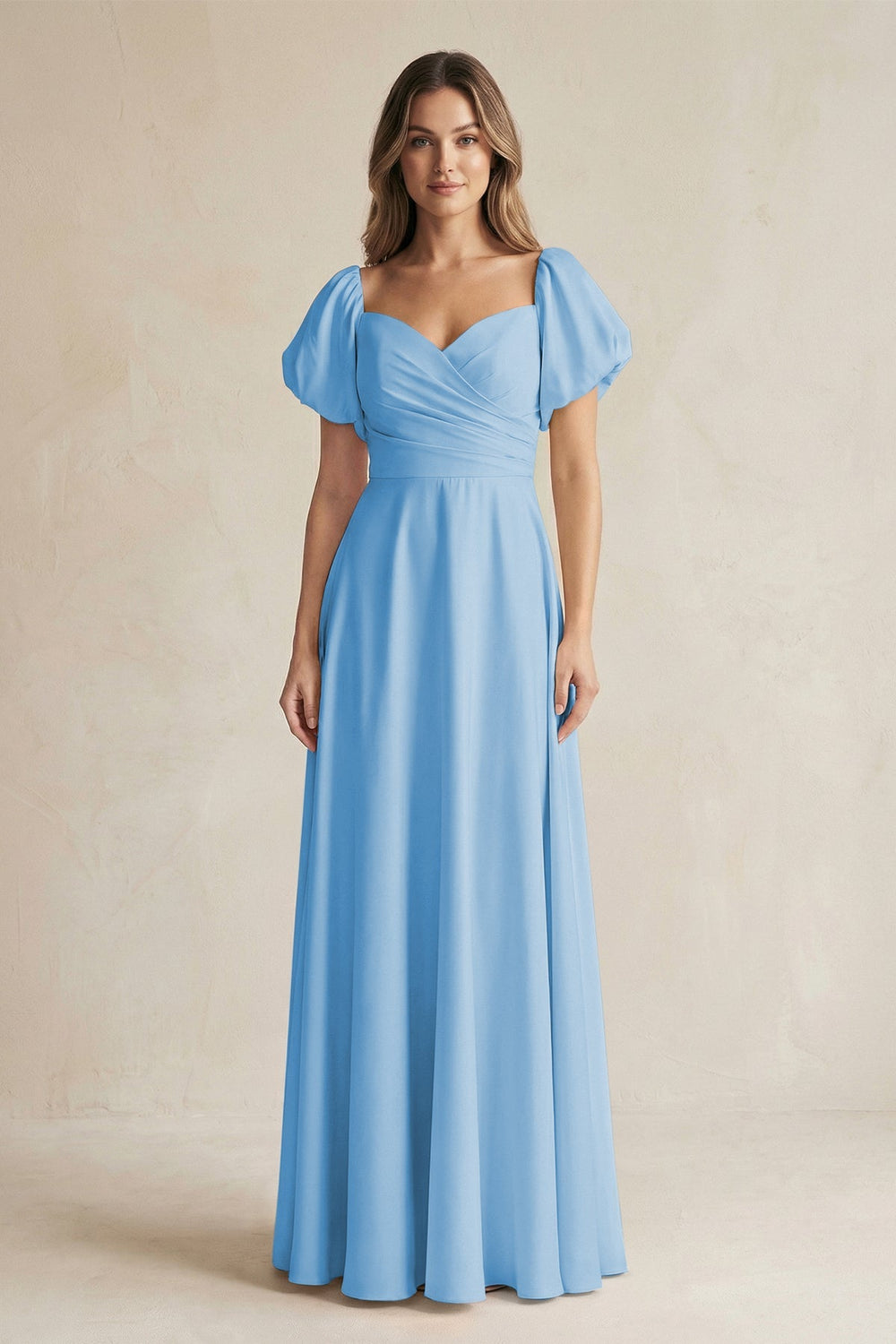 Sweetheart Puff Sleeve A - Line Chiffon Bridesmaid Dress in Steel Blue - SHE IS ME Bridesmaid Dresses