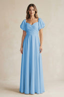 Sweetheart Puff Sleeve A - Line Chiffon Bridesmaid Dress in Steel Blue - KISS BRIDAL Bridesmaid Dresses
