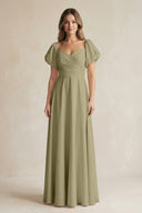 Sweetheart Puff Sleeve A - Line Chiffon Bridesmaid Dress in Thyme - SHE IS ME Bridesmaid Dresses