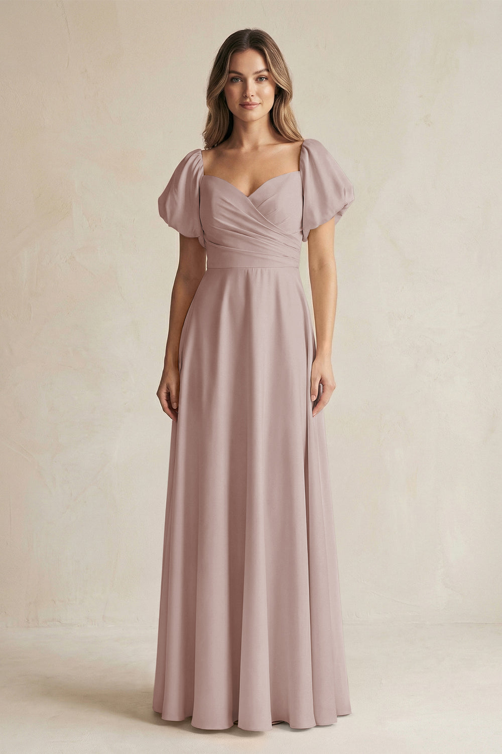 Sweetheart Puff Sleeve A-Line Chiffon Bridesmaid Dress in Toffee