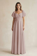 Sweetheart Puff Sleeve A-Line Chiffon Bridesmaid Dress in Toffee | KISSBRIDAL