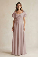 Sweetheart Puff Sleeve A-Line Chiffon Bridesmaid Dress in Toffee | KISSBRIDAL