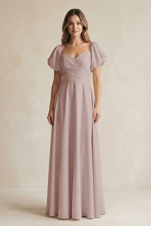 Sweetheart Puff Sleeve A-Line Chiffon Bridesmaid Dress in Toffee | KISSBRIDAL