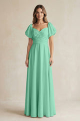 Sweetheart Puff Sleeve A - Line Chiffon Bridesmaid Dress in Turquoise - KISS BRIDAL Bridesmaid Dresses