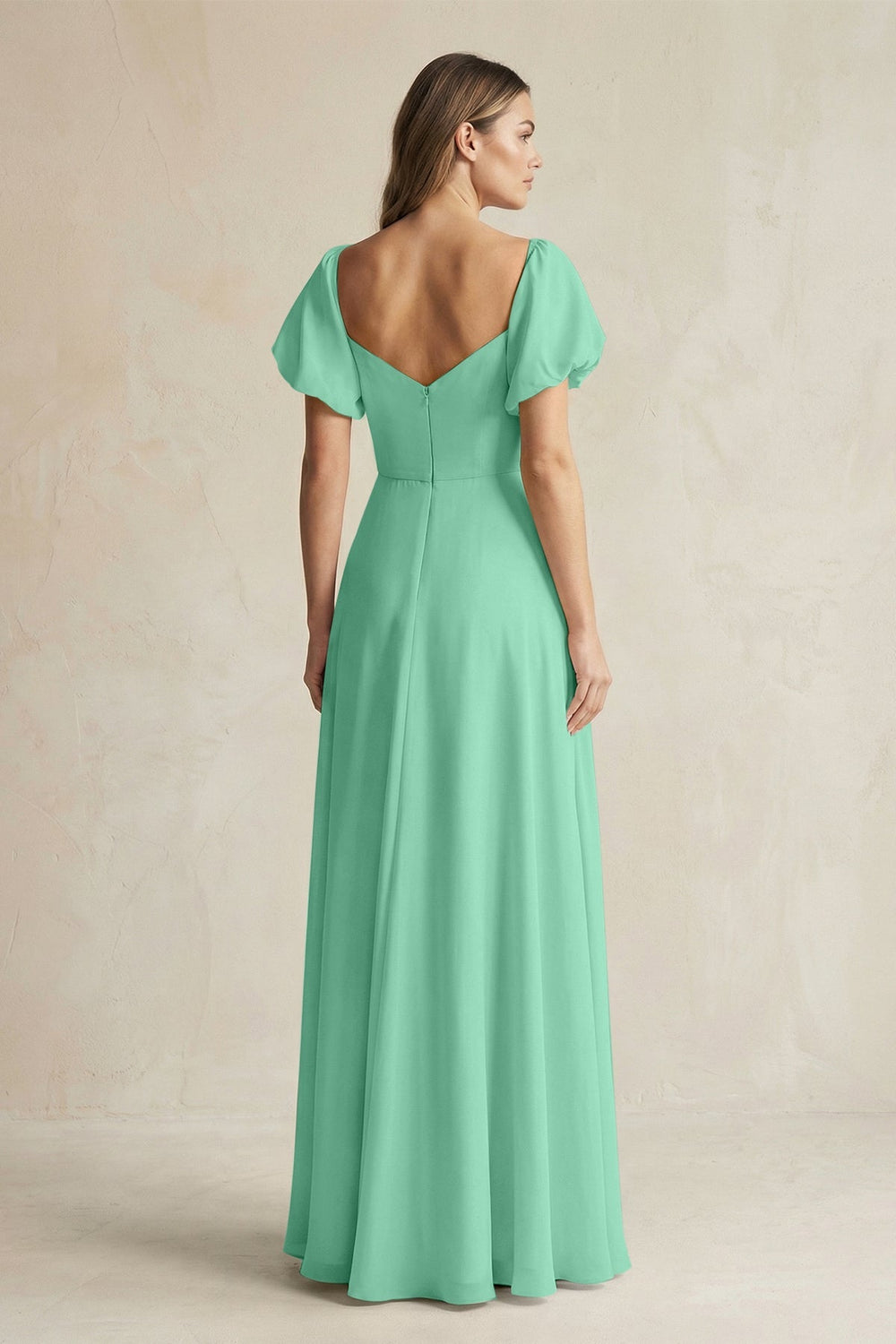 Sweetheart Puff Sleeve A - Line Chiffon Bridesmaid Dress in Turquoise - KISS BRIDAL Bridesmaid Dresses