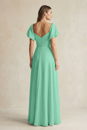 Sweetheart Puff Sleeve A - Line Chiffon Bridesmaid Dress in Turquoise - KISS BRIDAL Bridesmaid Dresses