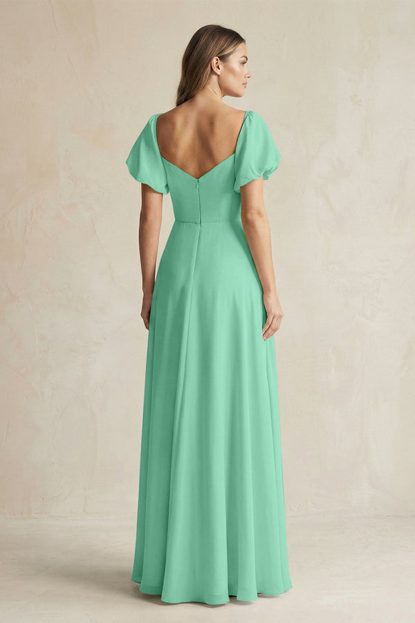 Sweetheart Puff Sleeve A - Line Chiffon Bridesmaid Dress in Turquoise - KISS BRIDAL Bridesmaid Dresses