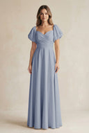 Sweetheart Puff Sleeve A - Line Chiffon Bridesmaid Dress in Twilight - KISS BRIDAL Bridesmaid Dresses
