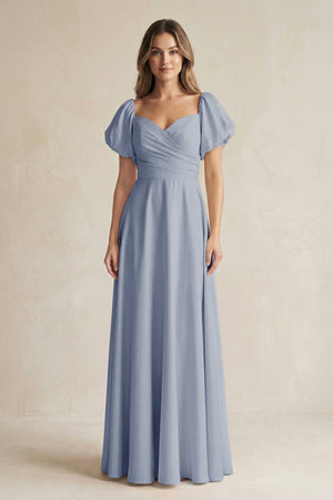 Sweetheart Puff Sleeve A - Line Chiffon Bridesmaid Dress in Twilight - KISS BRIDAL Bridesmaid Dresses