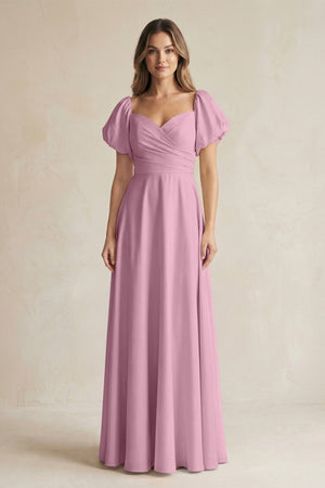 Sweetheart Puff Sleeve A - Line Chiffon Bridesmaid Dress in Vintage Mauve - KISS BRIDAL Bridesmaid Dresses