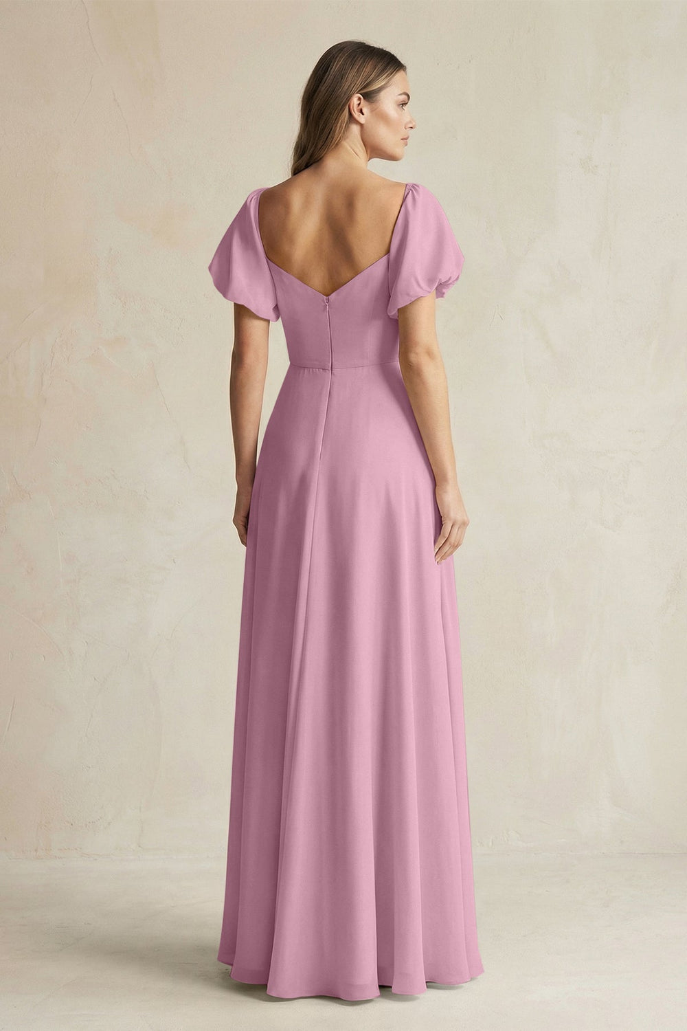 Sweetheart Puff Sleeve A - Line Chiffon Bridesmaid Dress in Vintage Mauve - KISS BRIDAL Bridesmaid Dresses