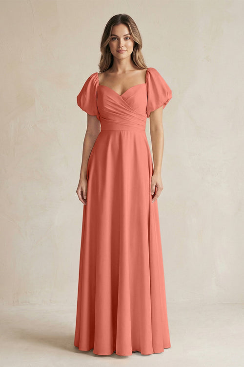 Sweetheart Puff Sleeve A - Line Chiffon Bridesmaid Dress in Wild Rose - KISS BRIDAL Bridesmaid Dresses