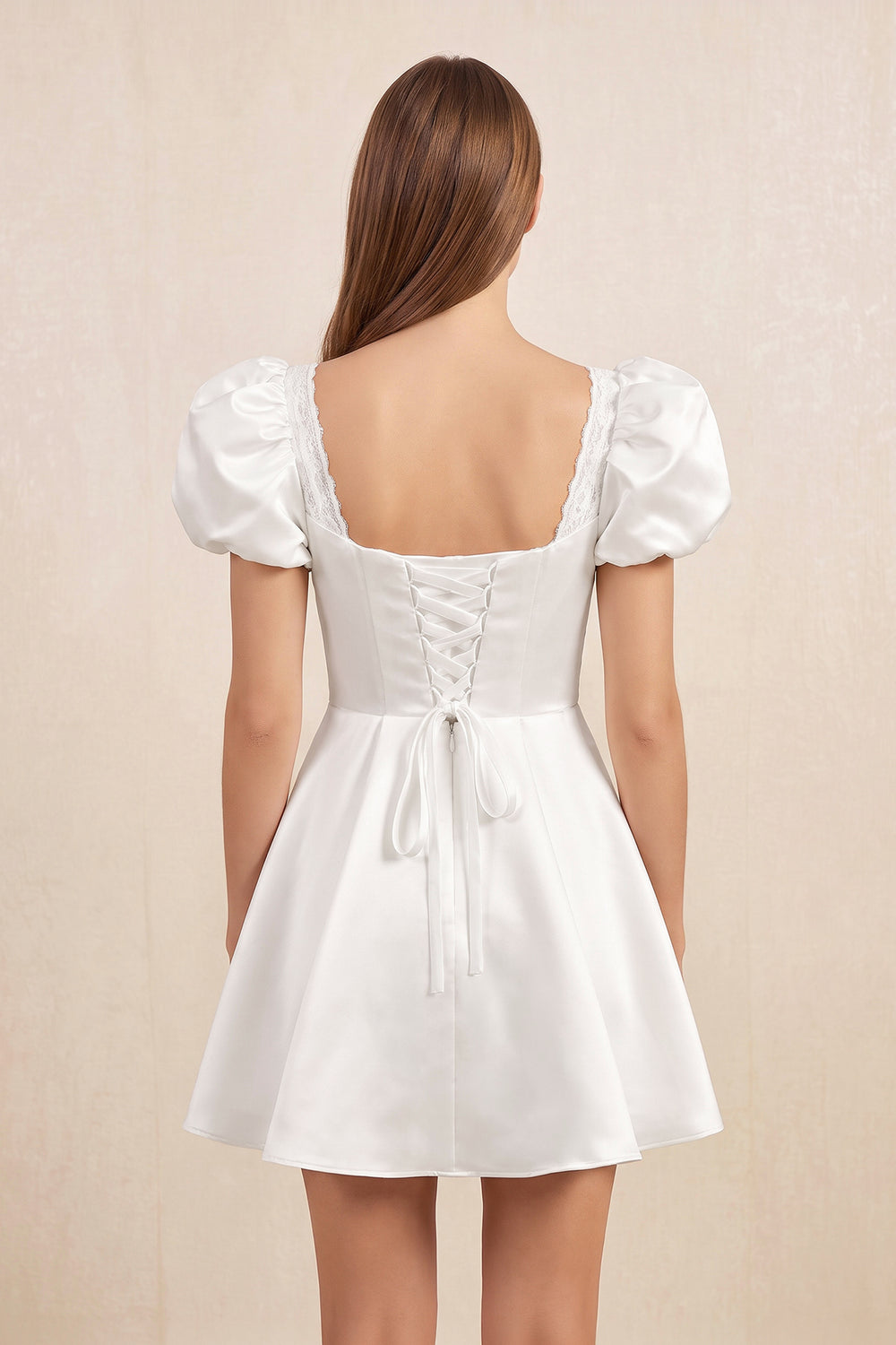 Sweetheart Puff Sleeves Satin A-Line Wedding Dress in White