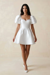 Sweetheart Puff Sleeves Satin A - Line Wedding Dress in White - KISS BRIDAL Wedding Dresses