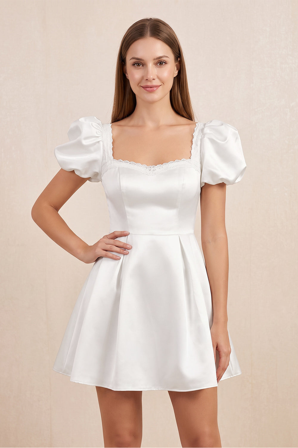 Sweetheart Puff Sleeves Satin A-Line Wedding Dress in White