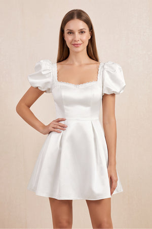 Sweetheart Puff Sleeves Satin A-Line Wedding Dress in White | KISSBRIDAL