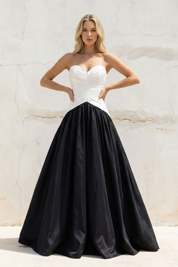 Sweetheart Ruched Gown in Black and White - SHE IS ME