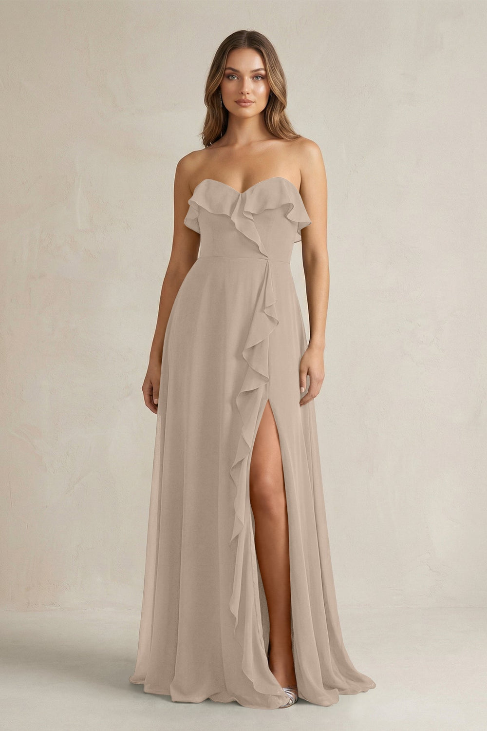 Sweetheart Ruffled A - Line Chiffon Bridesmaid Dress in Almond - KISS BRIDAL Bridesmaid Dresses