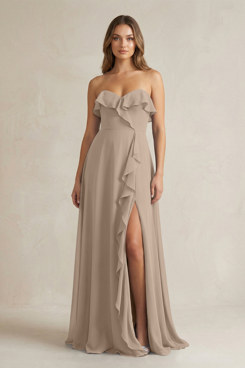 Sweetheart Ruffled A-Line Chiffon Bridesmaid Dress in Almond