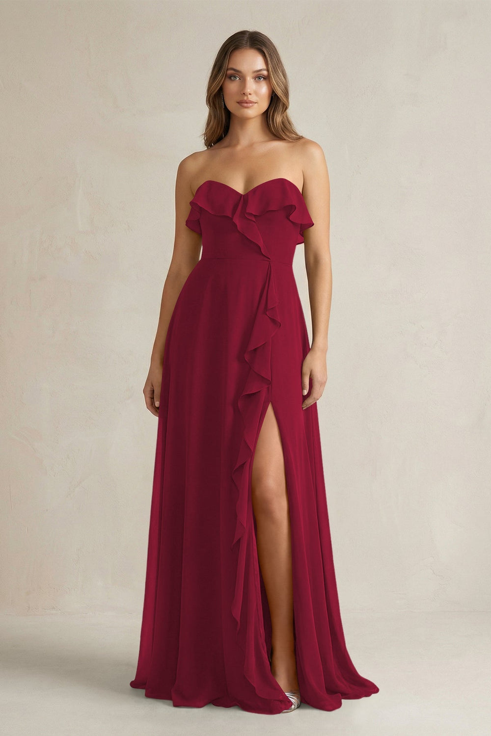 Sweetheart Ruffled A - Line Chiffon Bridesmaid Dress in Berry - KISS BRIDAL Bridesmaid Dresses