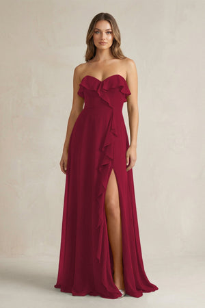 Sweetheart Ruffled A - Line Chiffon Bridesmaid Dress in Berry - SHE IS ME Bridesmaid Dresses