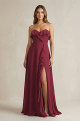 Sweetheart Ruffled A-Line Chiffon Bridesmaid Dress in Berry | KISSBRIDAL