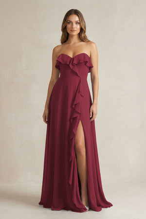 Sweetheart Ruffled A-Line Chiffon Bridesmaid Dress in Berry | KISSBRIDAL