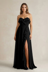 Sweetheart Ruffled A - Line Chiffon Bridesmaid Dress in Black - KISS BRIDAL Bridesmaid Dresses