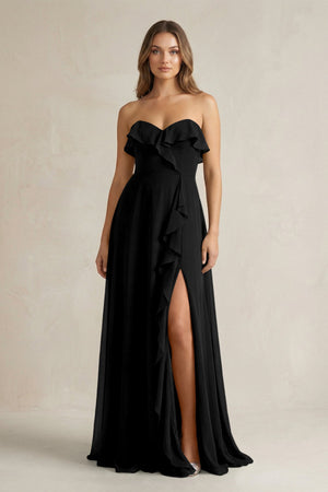 Sweetheart Ruffled A - Line Chiffon Bridesmaid Dress in Black - SHE IS ME Bridesmaid Dresses
