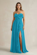 Sweetheart Ruffled A - Line Chiffon Bridesmaid Dress in Blue Jay - SHE IS ME Bridesmaid Dresses