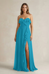 Sweetheart Ruffled A - Line Chiffon Bridesmaid Dress in Blue Jay - KISS BRIDAL Bridesmaid Dresses