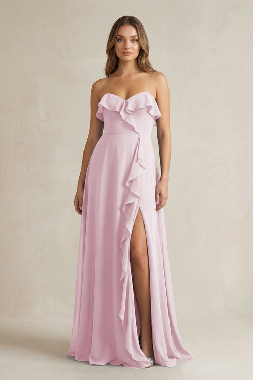 Sweetheart Ruffled A-Line Chiffon Bridesmaid Dress in Candy Pink | KISSBRIDAL