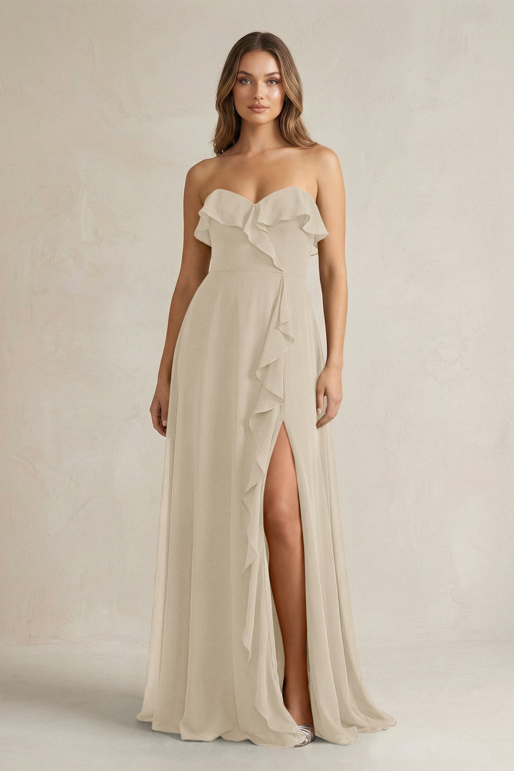 Sweetheart Ruffled A - Line Chiffon Bridesmaid Dress in Champagne - KISS BRIDAL Bridesmaid Dresses