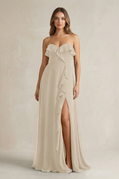 Sweetheart Ruffled A - Line Chiffon Bridesmaid Dress in Champagne - SHE IS ME Bridesmaid Dresses