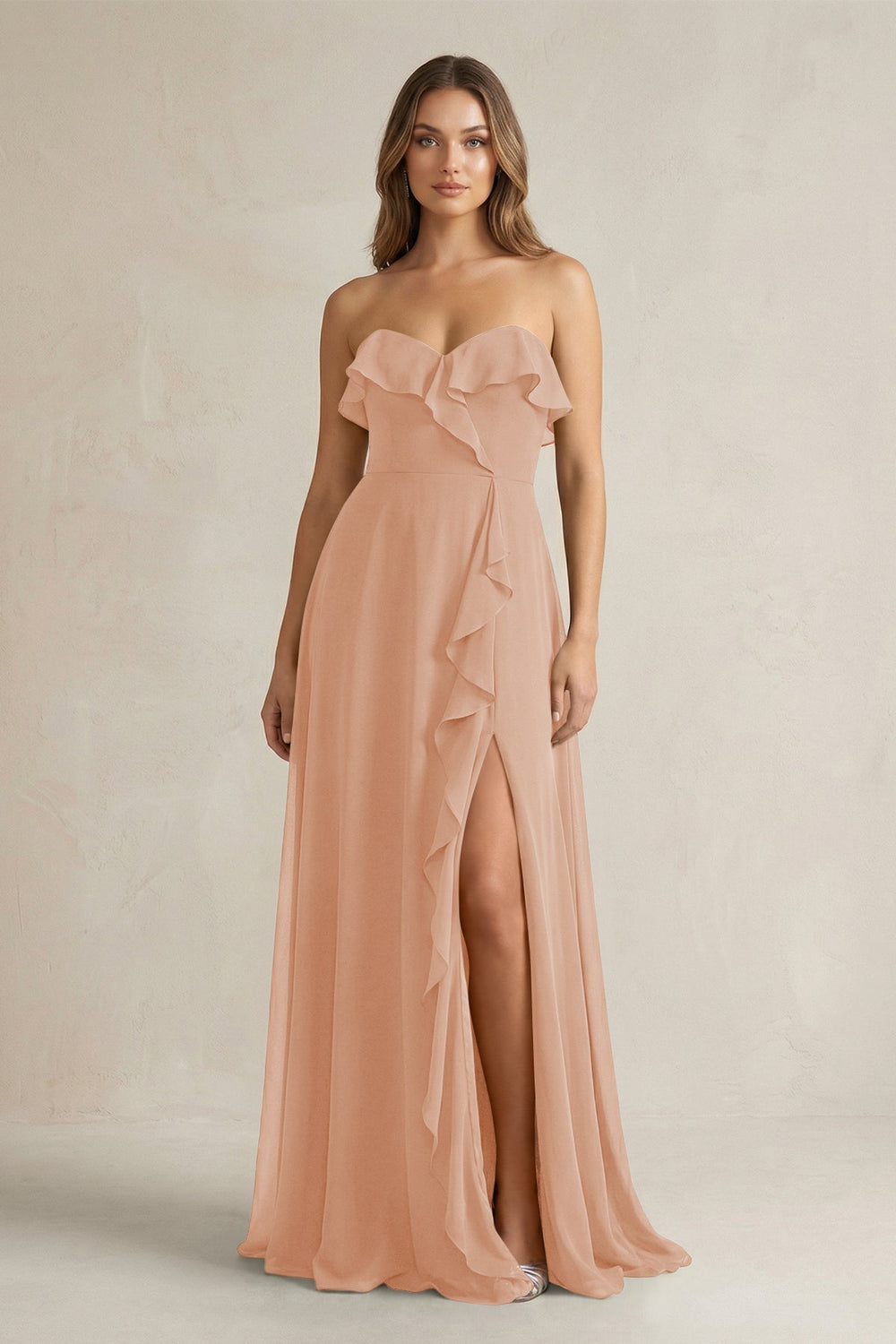 Sweetheart Ruffled A - Line Chiffon Bridesmaid Dress in Champagne Rose - KISS BRIDAL Bridesmaid Dresses