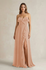 Sweetheart Ruffled A - Line Chiffon Bridesmaid Dress in Champagne Rose - KISS BRIDAL Bridesmaid Dresses