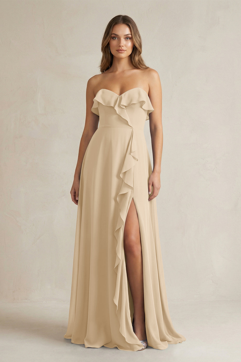 Sweetheart Ruffled A-Line Chiffon Bridesmaid Dress in Champagne